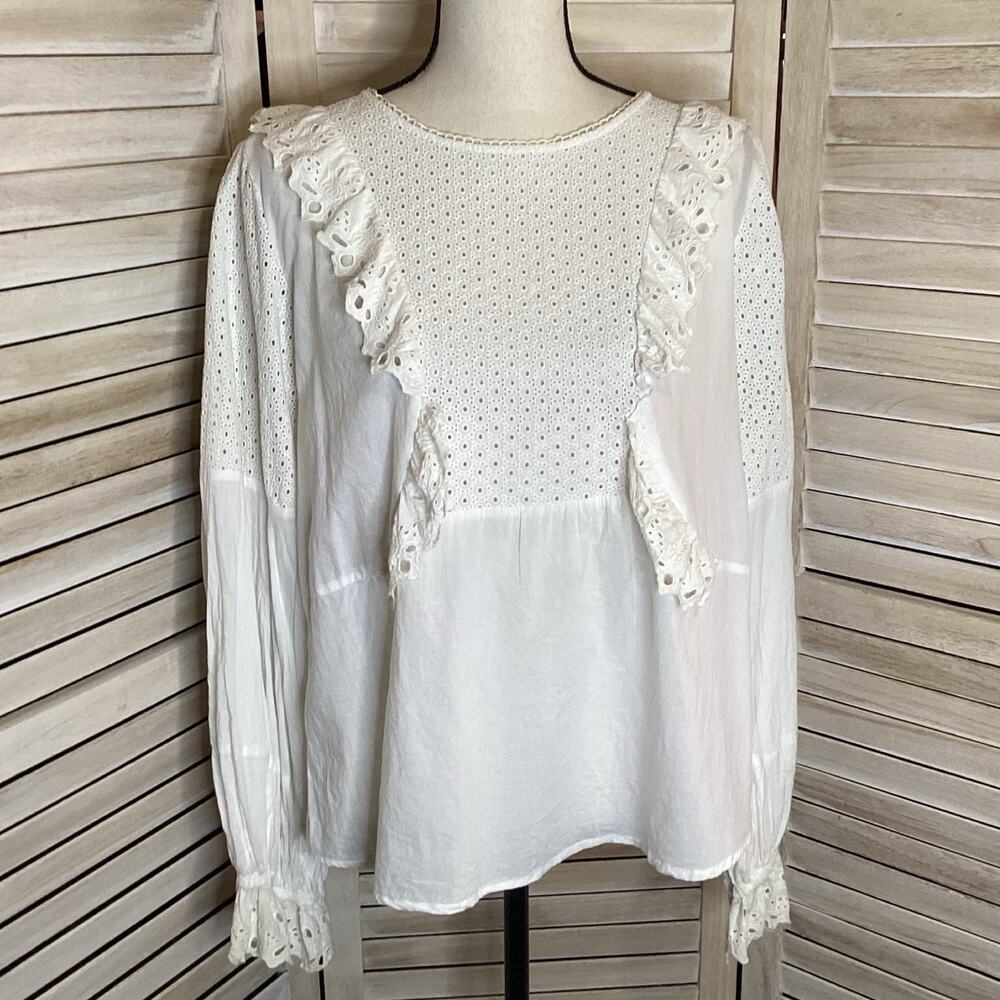 Anthropologie Seen Worn Kept Ivory Eyelet Ruffle 100% Cotton Blouse M - Picture 4 of 11